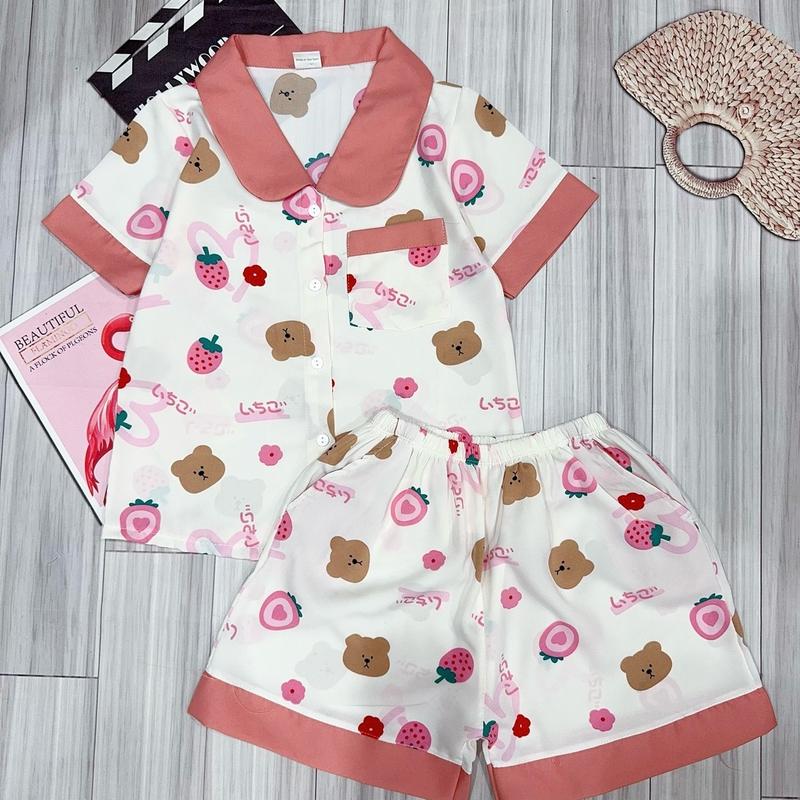 MÃ 45: 20-48kg. Bộ đồ pijama quần đùi cổ lá sen bé gái size đại . chất liệu LỤA MANGO mềm mịn . Bộ đồ mặc nhà thoáng mát Sơ Mi đồ  ngủ ngắn Nhung bé  tiên