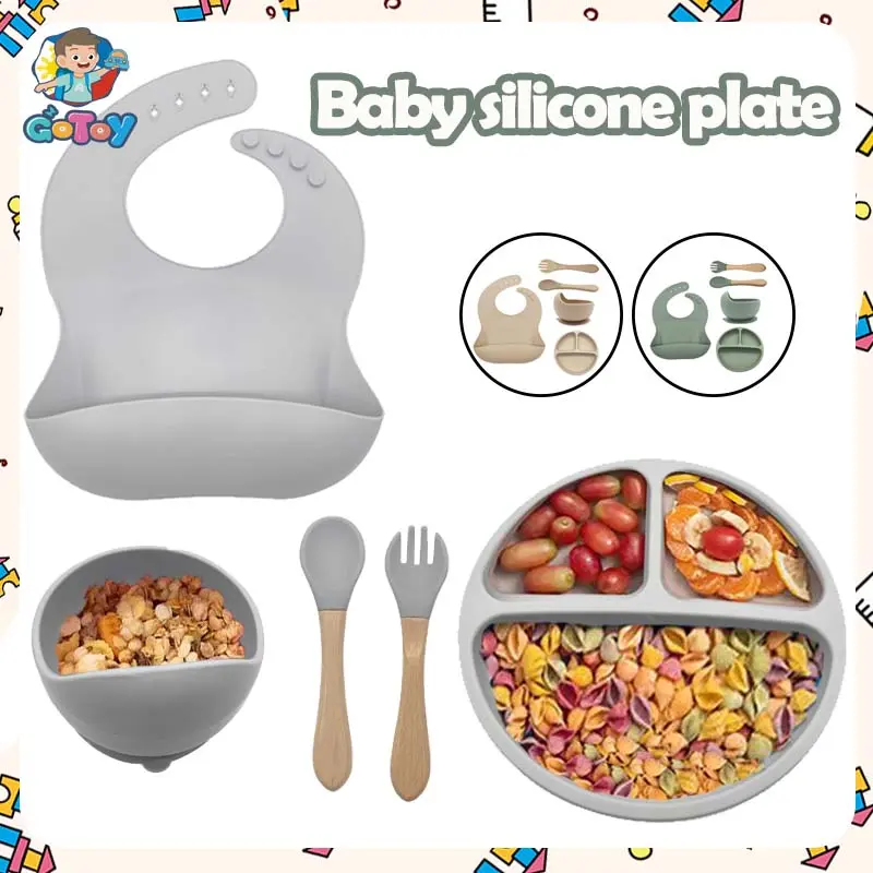 【5Pcs 】Baby Feeding set Silicone Bibs Baby Plate Non-silp Suction Bowl Silicone Spoon BPA Free