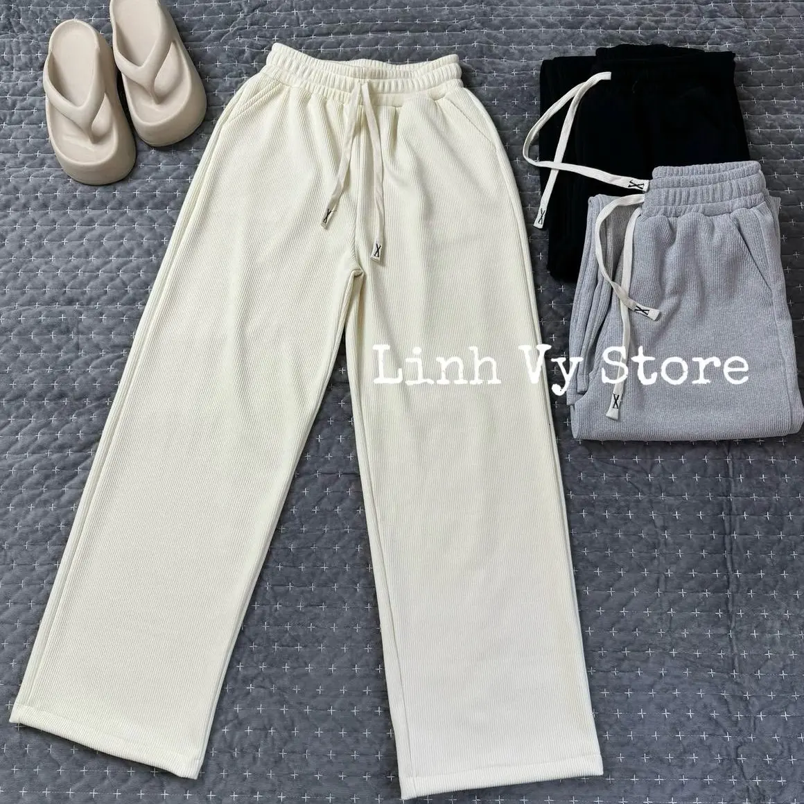 QUẦN SUÔNG ỐNG RỘNG CẠP CAO CHẤT LIỆU NỈ NHUNG TĂM UNISEX CÓ DÂY RÚT CHỈNH EO Women