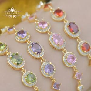 Gelang Tarik Bertatah Zirkon, Gaya Perancis, Mewah Mampu Milik, Bertatah Penuh, Berwarna-warni, Hijau Zaitun dan Ungu, Berbentuk Telur, Zirkon Disambung Emas Perak Permata Bangles