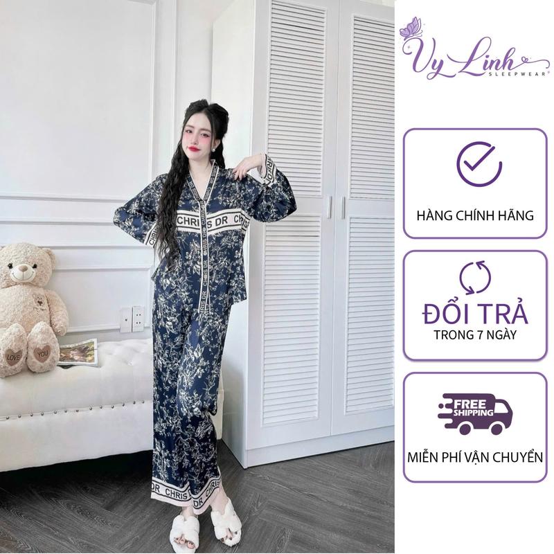 Bộ Đồ Ngủ Dài Cổ Y Dành Cho Nữ Hoạ Tiết Dễ Thương Chất Liệu VảI Lụa Latin Cao Cấp S1081 pijama _ dobo