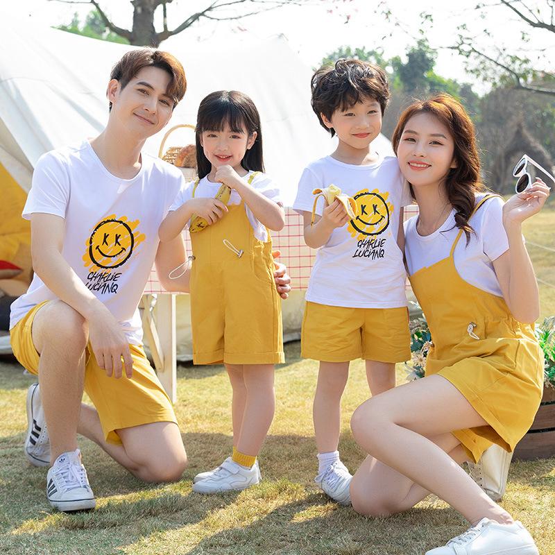 Family Matching Shirt Women Girl Yellow Jumpsuit Kids Set Wear Short Pants For Men Women Mini Dress Korean Style Women Blouse 1