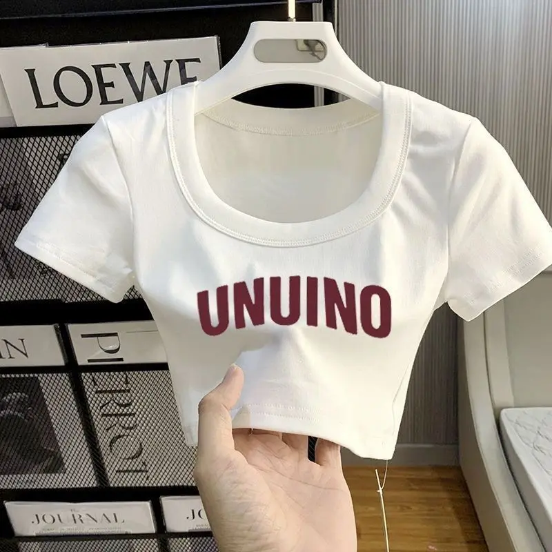 Trang Phục Mùa Hè, Dễ Phối Đồ Của Cô Gái Nóng Bỏng, Màu Trắng, Dáng Ôm, Áo Crop-Top Cổ Chữ U, Áo Thun ngắn Tay Áo, Dành Cho Nữ, Hàng Mới Về 2024, Cạp Cao Ngắn, Phong Cách Ins 0
