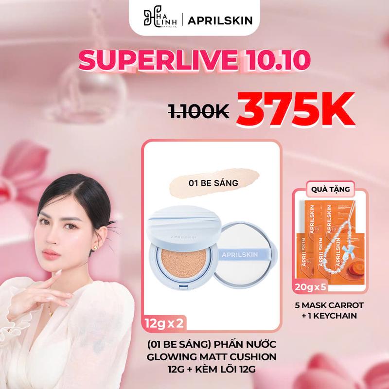 [Võ Hà Linh x APRILSKIN] [01 Be sáng] Phấn Nước Glowing Matt Cushion 12g + Kèm lõi 12g (Tặng móc treo keychain + 5 mặt nạ carot 20gx5)