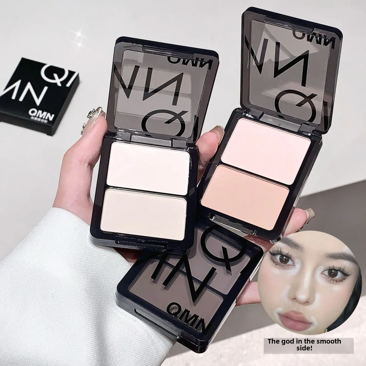 QMN Ru Mo High Gloss Grooming Powder, Double Wet and Dry Natural Brightening Setting Powder Grooming Blush Integrated Plate