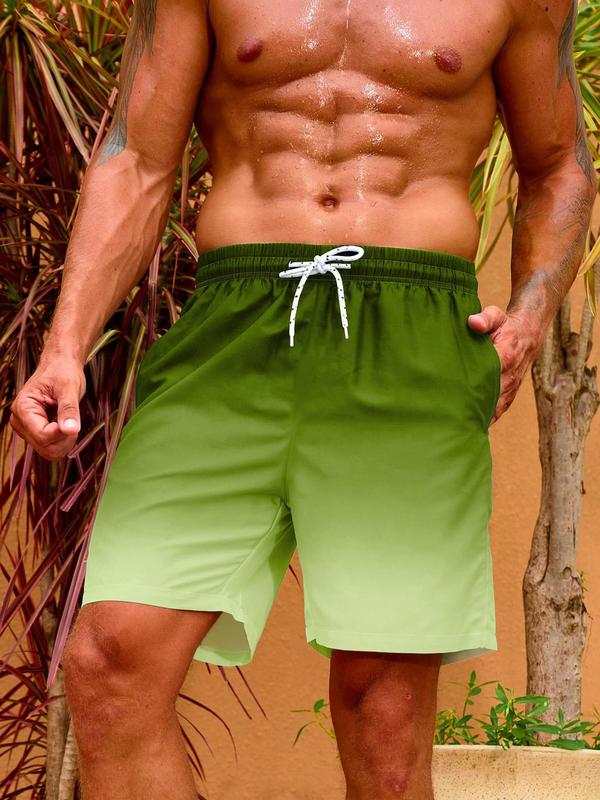 Men Swim Trunks, Men's Regular Fit 2 in 1 Ombre Print Drawstring Waist Beach Shorts, Gym Shorts, Casual Pocket Swim Shorts for Summer, Fashion Men's Swimwear for Beach Vacation Outdoor Swimming, Activewear 5