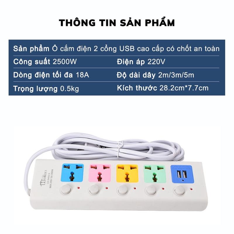 Ổ Cắm Điện USB Đa Năng Cao Cấp Chống Giật Dây Dài 2m, 2 Cổng Cắm USB Có Chốt An Toàn Tiện Dụng
