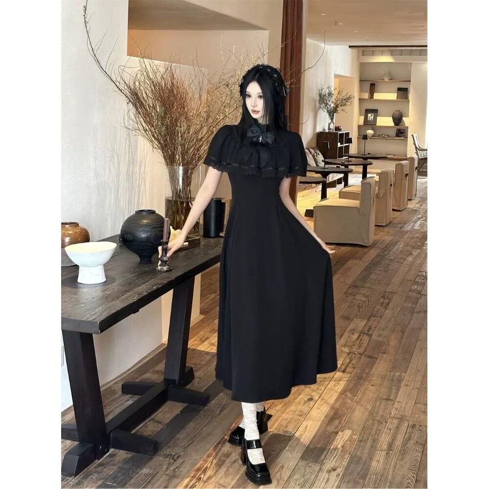 CHICMORE Gaun maxi lengan pendek dengan pita cantik di kerah warna solid elegant