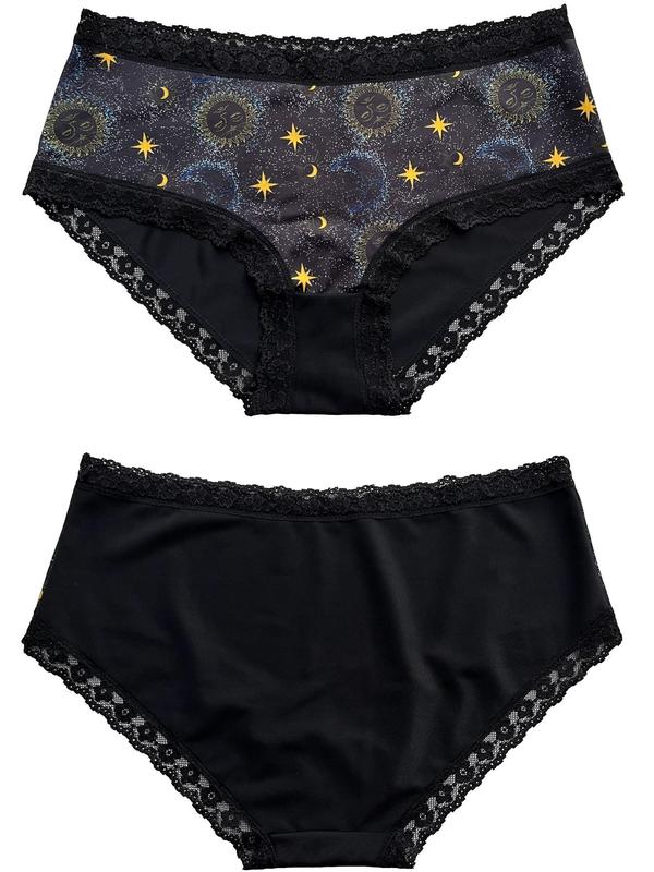 Plus Size Galaxy Print Contrast Lace Knicker, Casual Soft Comfy Panty for Daily Wear, Women's Underwear for All Seasons 1