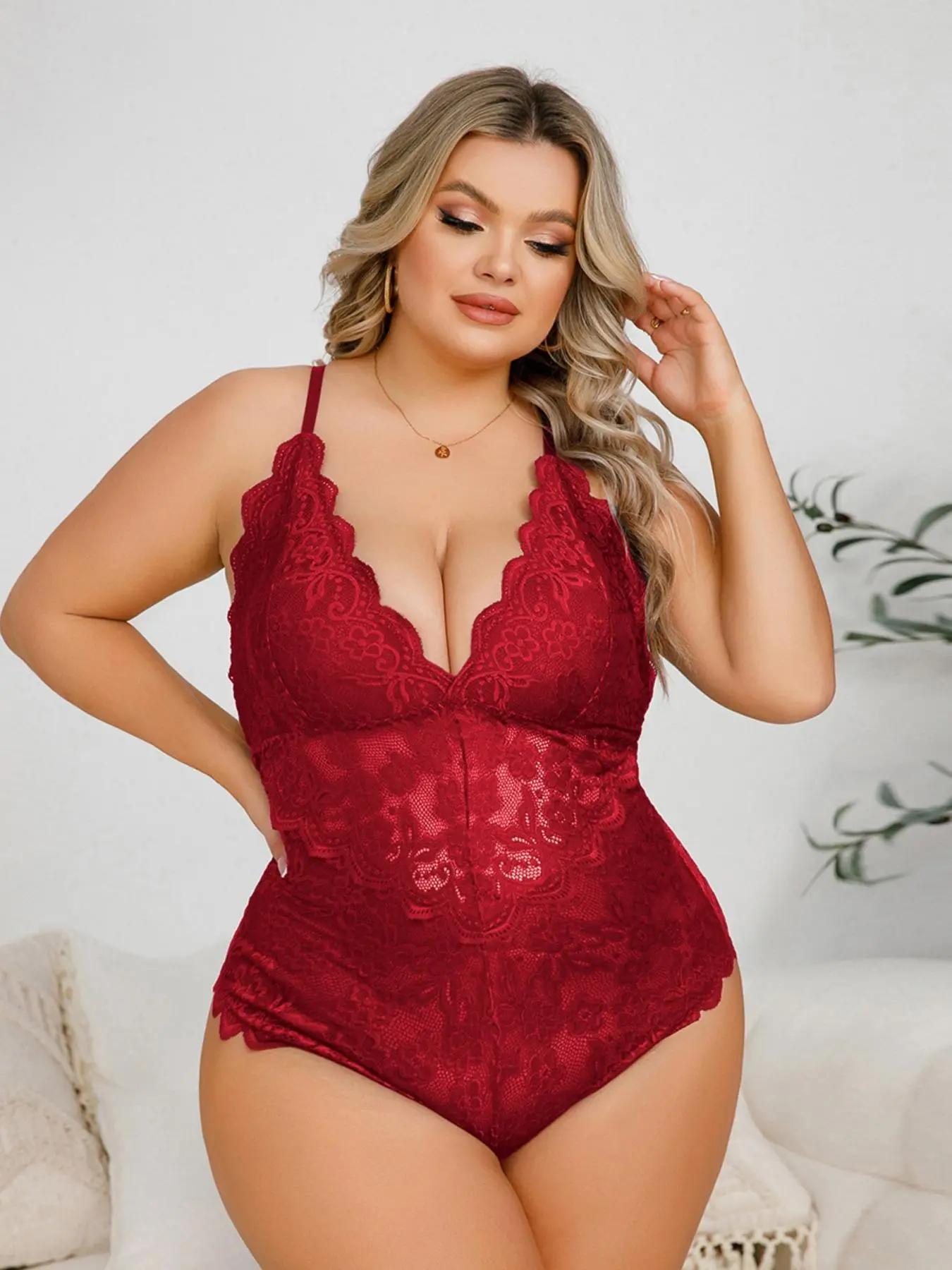 【Plus Size】 Plain Criss Cross Backless Lace One-piece Teddy Bodysuit, Naughty Lingerie, Sexy Comfy Breathable Scallop Trim Lingerie for Daily Wear, Women's Underwear for All Seasons