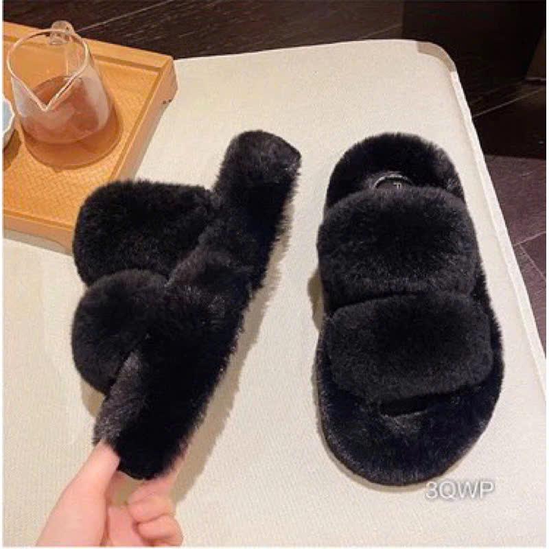 dép lông nữ 2 quai đế mềm cao 4cm hàng sẵn xinh xắn cho mùa đông dễ phối đồ [ lông phối màu ] 1