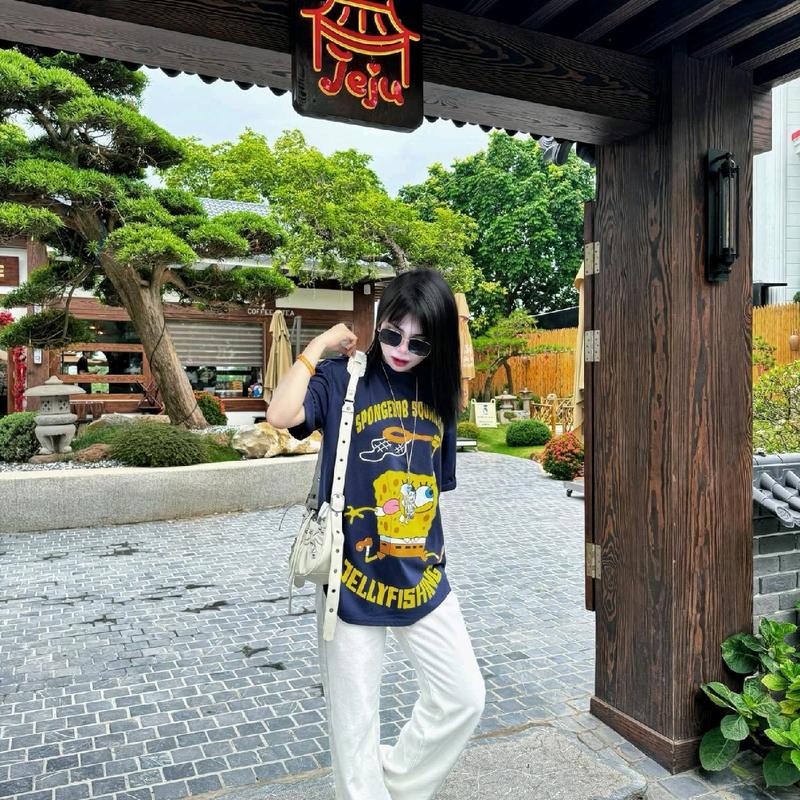 (chất cotton khô) Áo Thun Nam Nữ In hình Bọt biển, phong cách cá tính 2