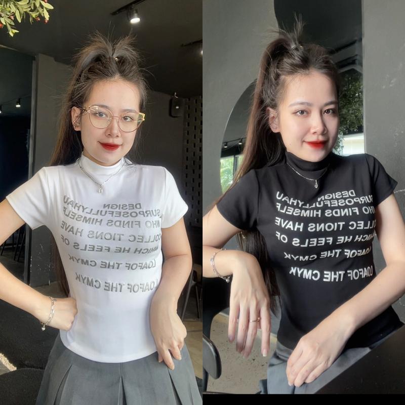 Áo Lửng Vải Thun Cotton Borip In Chữ Dập Nổi 21 Nữ Women Top áo  cổ lọ ủ kem croptop Voi Cổ Tròn áothunnu Nhung