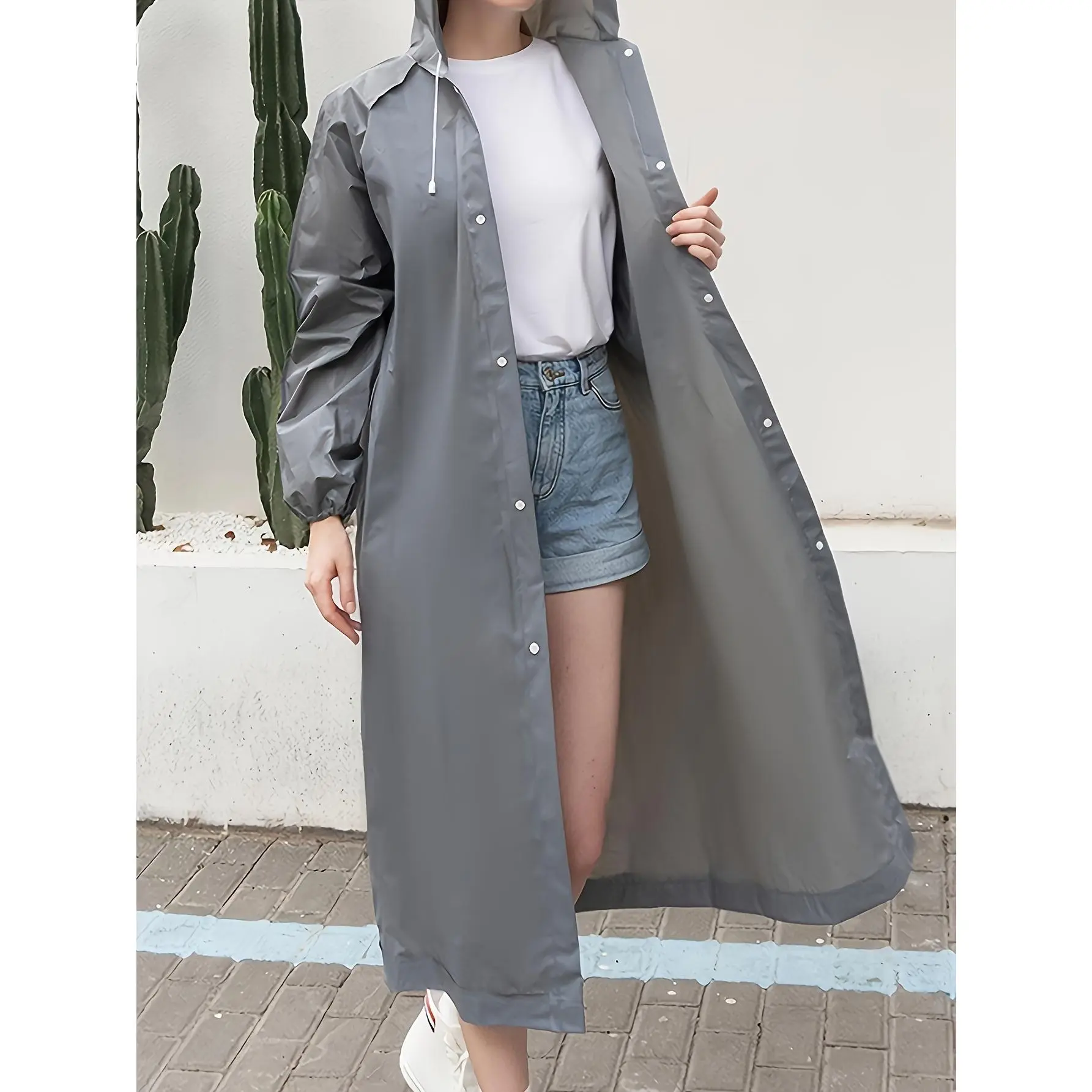 Women's Waterproof Hooded Long Raincoat, Outdoor Riding Lightweight Windproof Solid Color Jacket, Full Length Button Raincoat