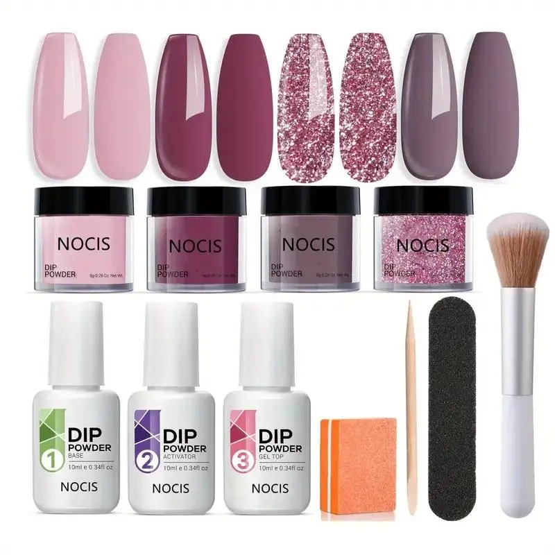 Long-lasting Dip Powder Nail Kit, 11pcs/set Glitter All Season Acrylic Dipping Powder Liquid Set, Suitable for French Manicure DIY Salon