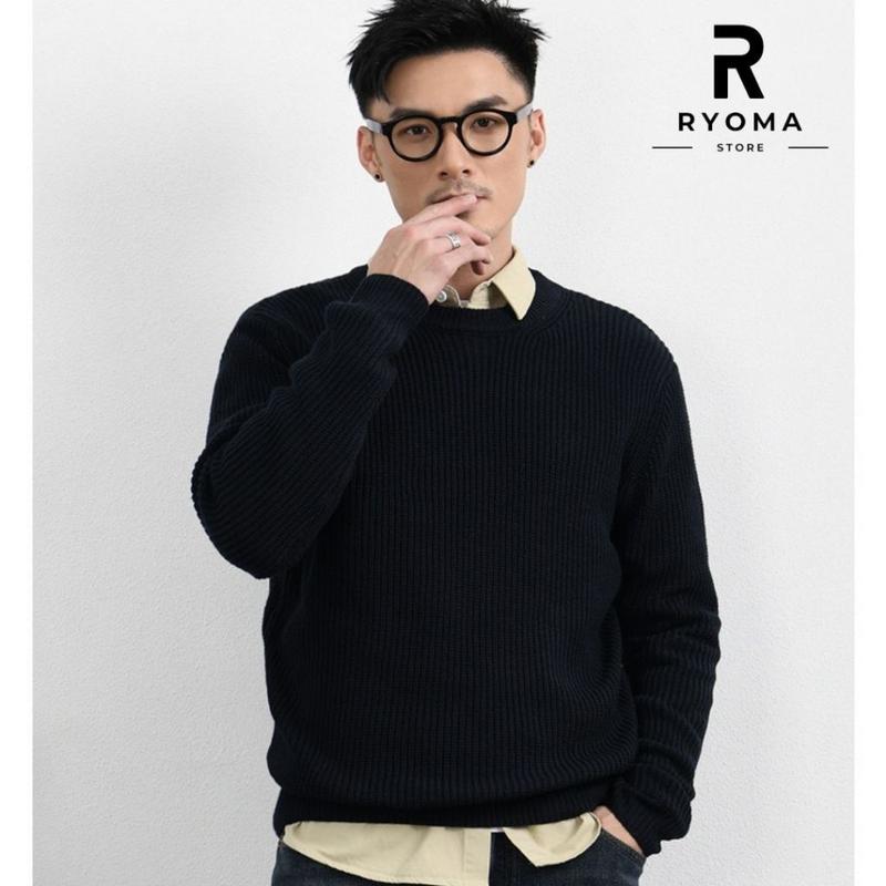 Álen cổ tròn nam nữ, álen RYOMA, chất len lông cừu hạt gạ, dày dặn, ấm áp, form dáng Hàn Áo Menswear Đen 4