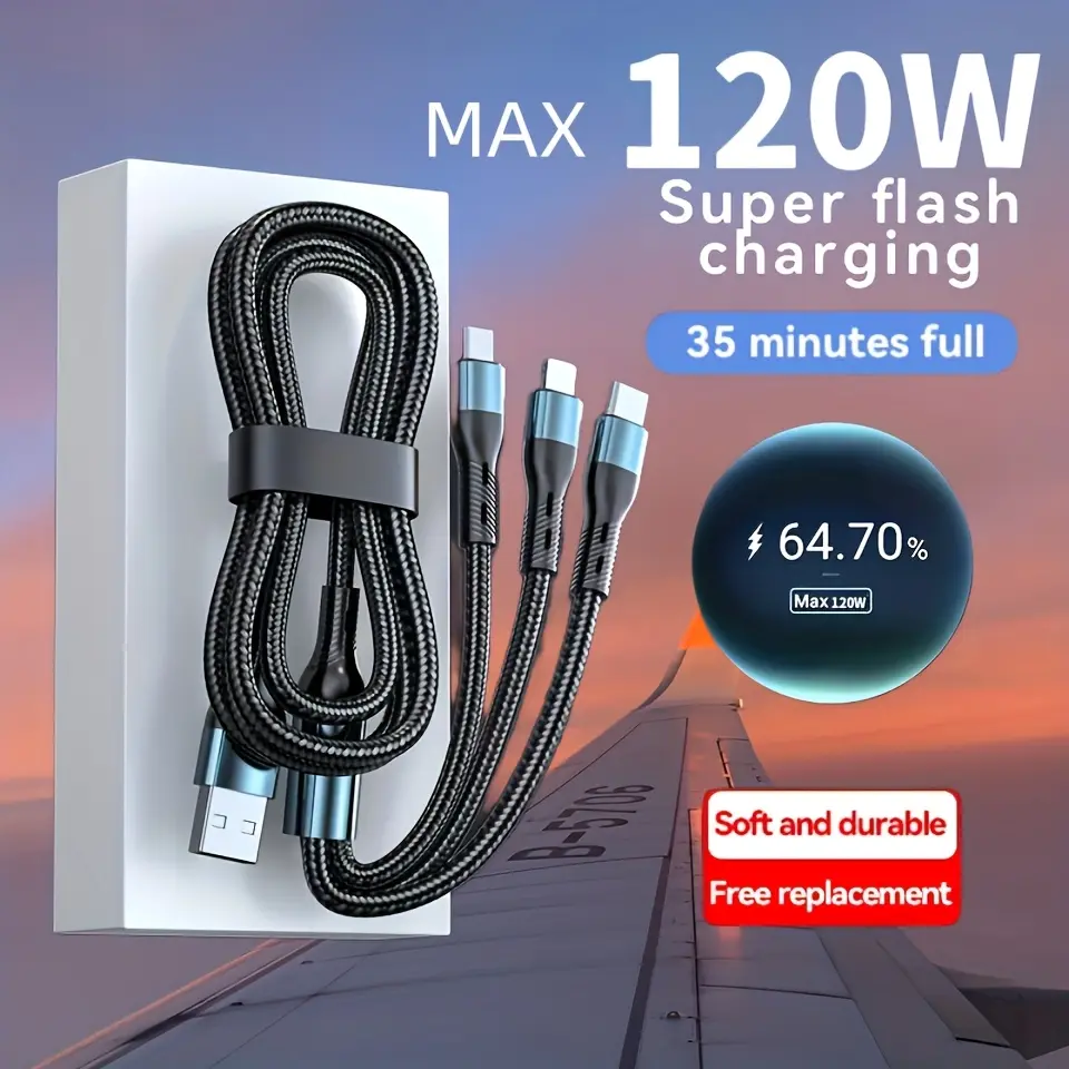 Max W 3-in-1 USB Fast Charging Cable with Micro USB and Type-C Port-Soft and Durable, Supports Super Flash Charging for Realme, Samsung and Huawei P50 Mobile Phones, Travel Charger Wire |   Compact Cable Design |   Durable Cable