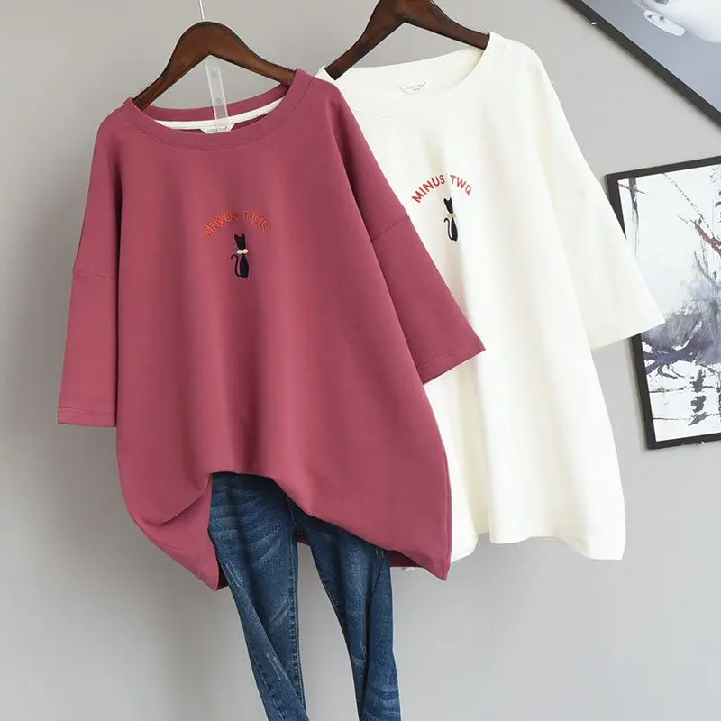 Plus Size Oversize 150KG Women Loose Medium long Casual Round Neck T-Shirt womnes's blouse Short Sleeve T-Shirt tshirt
