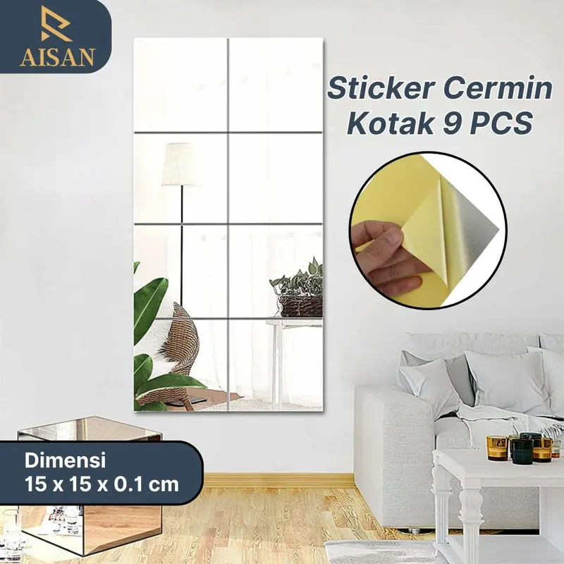PROMO 9 PCS  - Stiker Cermin Dinding Anti Pecah Tempel Persegi Rectangular 15X15cm Kotak Mirror Wall Decoration PVC 0
