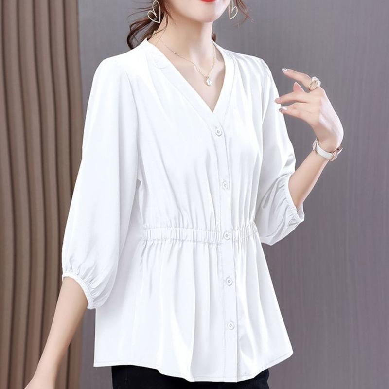 Product Introduction of OEMG Women's Shirt Loose plus Size Spring and Summer New Three-Quarter Sleeve Cinched Blouse Chiffon Shirt Belly-Covering Slimming Top 4