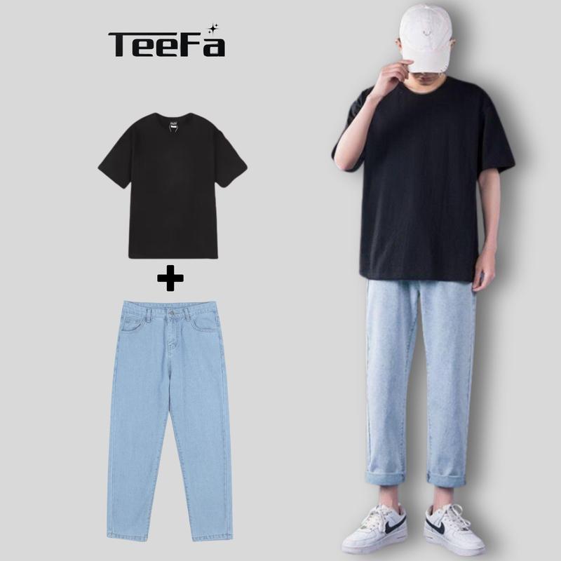 Combo Quần Jean Baggy Xanh + Áo Thun Trơn, Outfit Cho mùa hè năng động cá tính hot trend 2023 Menswear Nam Có Túi Pants