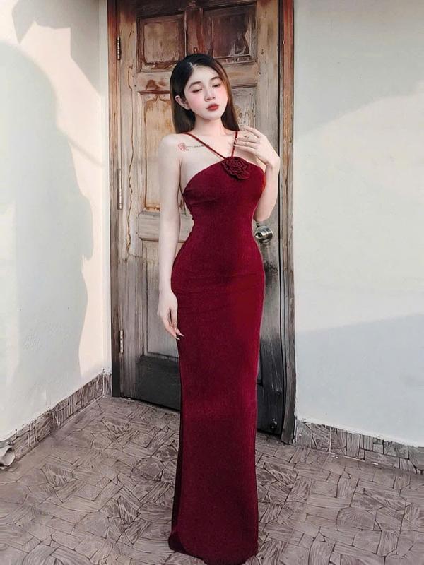 Đầm yếm phom dài có mút đính hoa chất thun lazzon mịn co giãn thích hợp mặc đi tiệc đi làm đi chơi 4