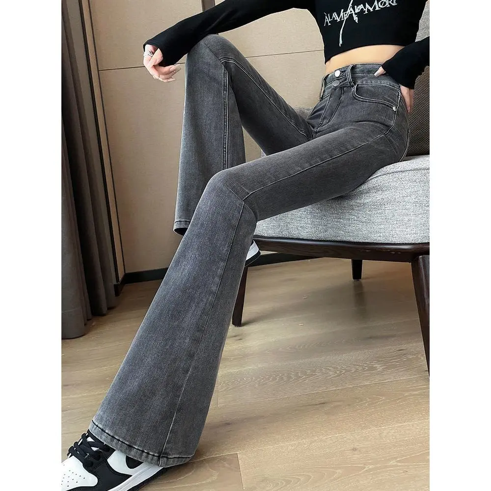 Quần Jean Ống Loe Cạp Cao Phong Cách Cổ Điển Dành Cho Nữ, Mỏng Và Dáng Rộng Vừa Vặn, Màu Xám Khói, Thích Hợp Cho Mùa Hè, Hàng Mới Về 2024, Quần Đáy Chuông Dễ Phối Đồ