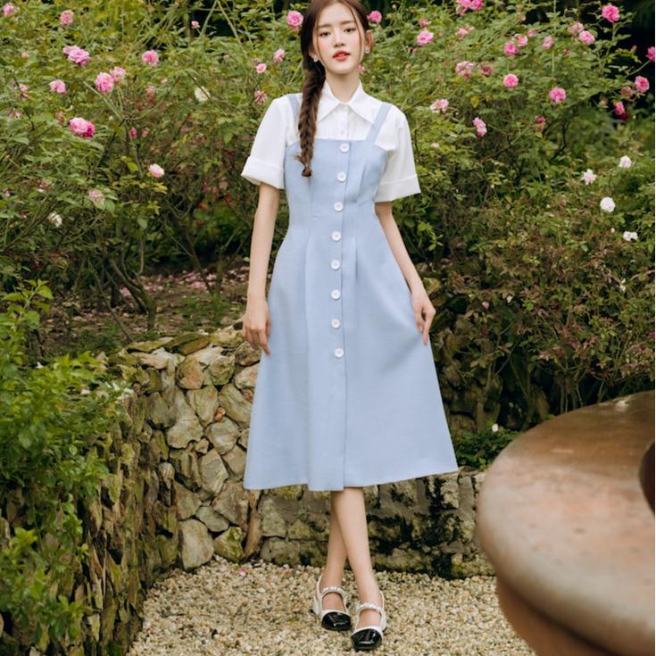 Armous- Yếm xanh thanh lịch Blue caro + áo sơ mi short white shirt Cotton Nữ