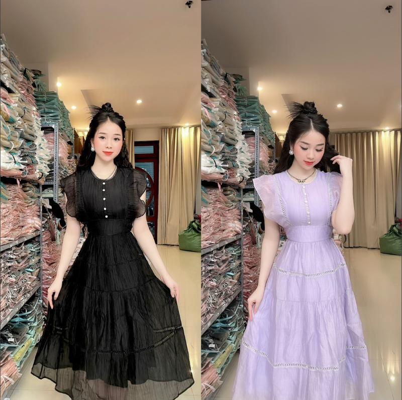 (M15) Đầm tơ thiết kế tay cánh tiên form xòe thướt tha đính nút ngọc đầm đi dự đám cưới váy đi tiệc đi làm đi chơi đều đẹp M15