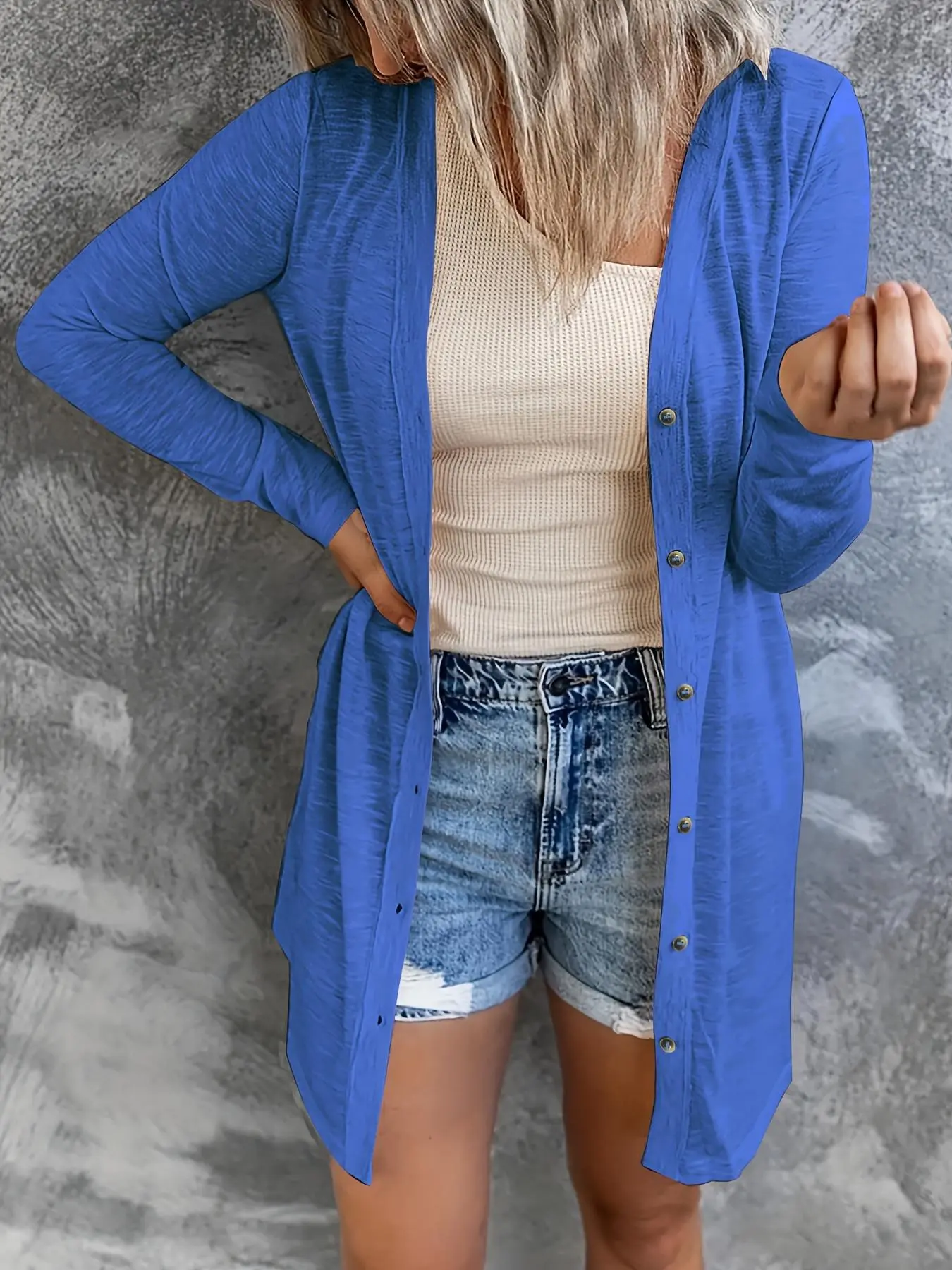 Women's Solid Button Front Midi Cardigan, Trendy Long Sleeve Knitwear for Daily Outdoor Wear,  Lady Comfort Minimalist Basic Fitted Knitting Tops, Casual Tops for Spring & Fall, Womenswear