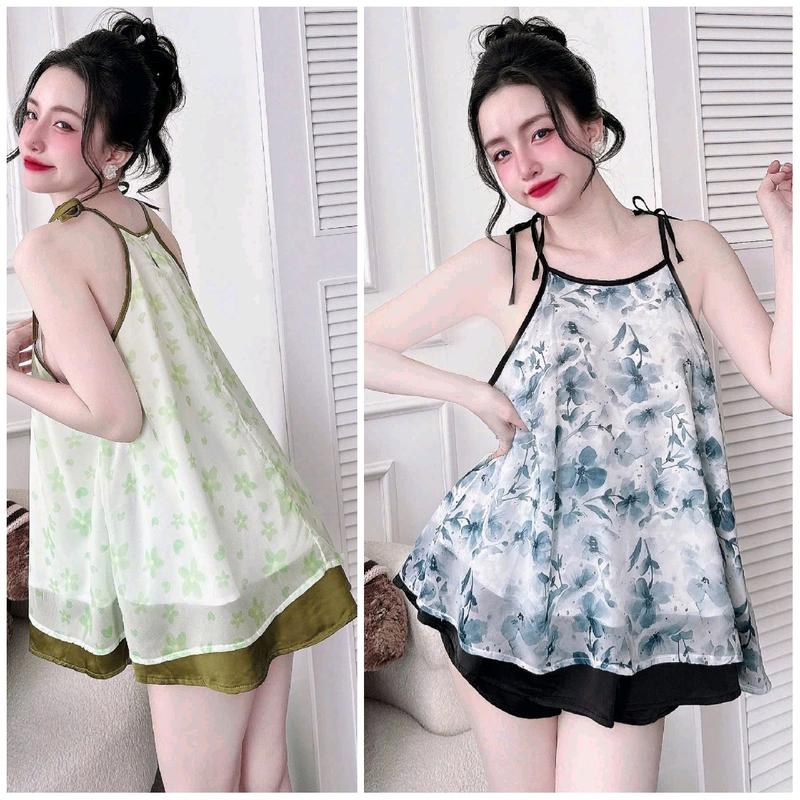  Đồ bộ nữ mặc nhà Bigsize Bộ 2 dây quần đùi có túi Lụa Latin Và Voan mềm mát Đồ bộ nữ mặc nhà xinh xắn kem Voi Women rose  đồ pijama 