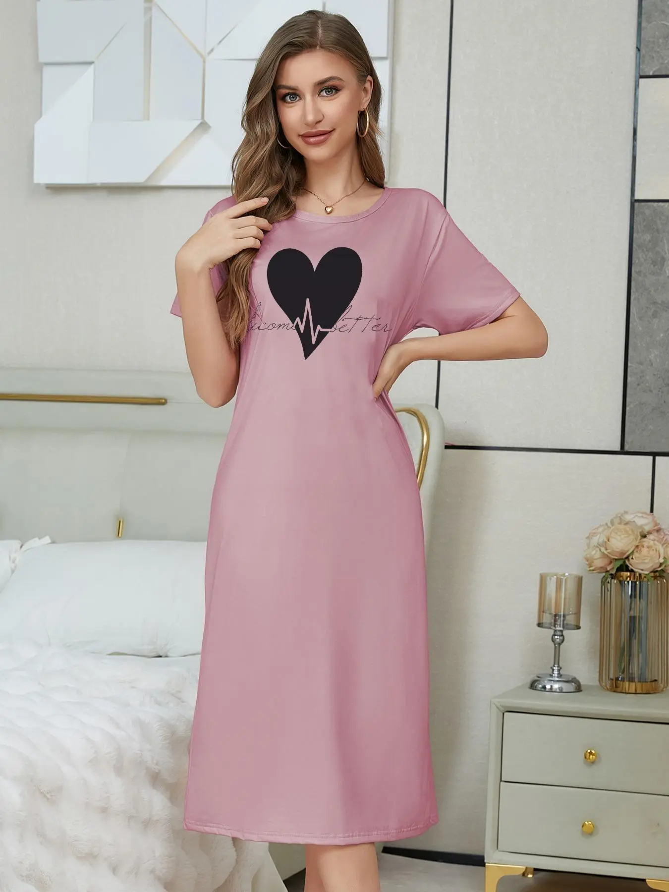 Women's Cartoon Print Tee Nightdress, Casual Soft Comfortable Round Neck Short Sleeve Nightgown for Daily Wear, Ladies Sleepwear for All Seasons