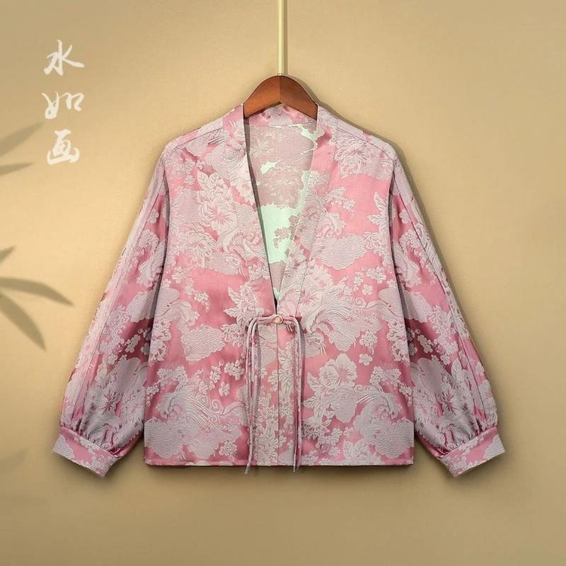 Product Introduction of 2024 Spring Summer New Chinese Style Women's Loose V-neck Jacquard Thin Cardigan Jacket 3