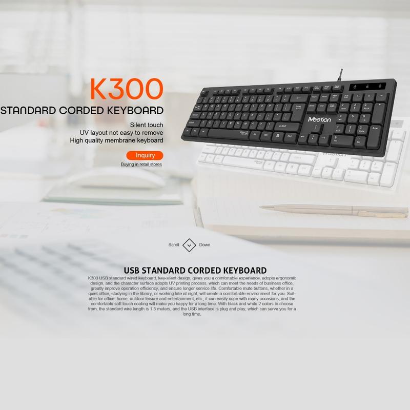 Bàn phím văn phòng chống ồn K300 MeeTion 104 phím thiết kế Ergonomic keycap gia công UV độ bền cao