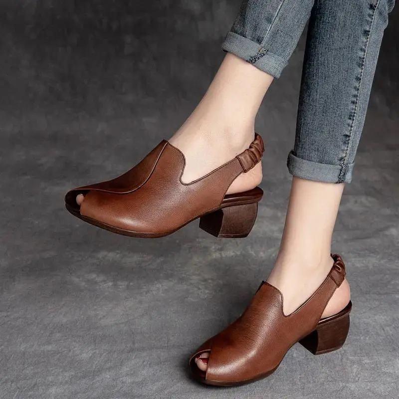 Summer Retro Handmade Cowhide Mid Heel Sandals Women's Chunky Heel Leather All-Match Fish Mouth Middle-Aged Mom Shoes