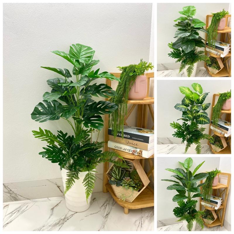 Cây trầu bà kèm tiểu cảnh cao 1m, cây lá rùa, cây trầu bà lá xẻ giả, cây giả trang trí, cây giả decor