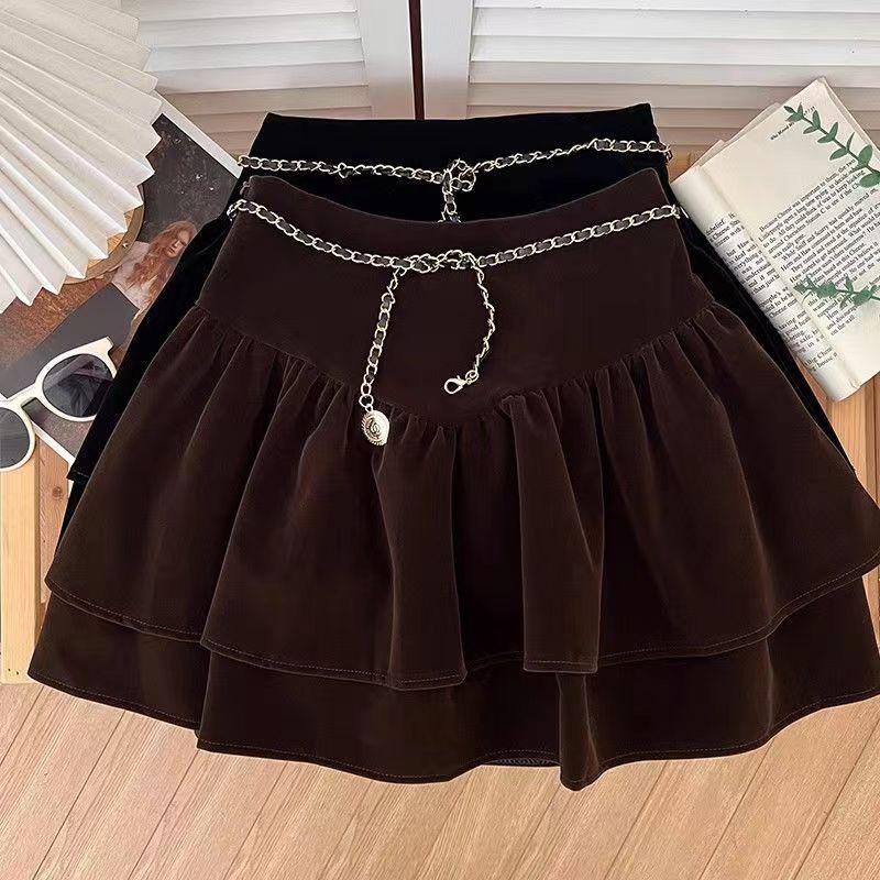 Product Introduction of Chân Váy Nhún Bèo Cạp Cao Nhung Vàng, Hàng Mới Về Mùa Thu Và Mùa Đông, Chân Váy Chữ A Chống Lộ, Có Thắt Lưng Dây Chuyền Xích Nữ Women 3