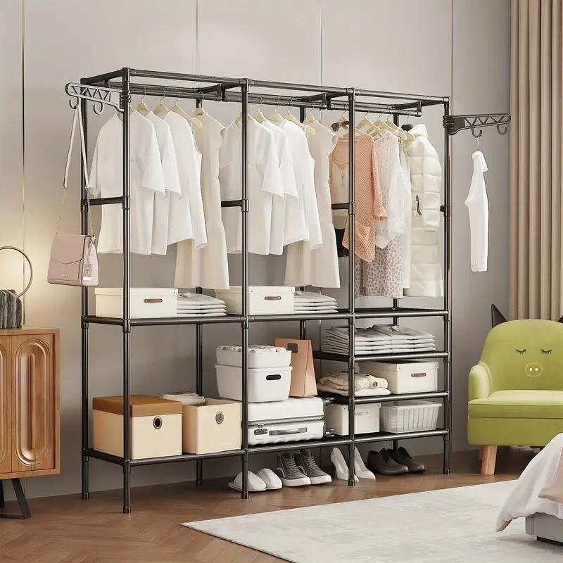 3-row Large Capacity Coat & Shoe Rack, Household Bedroom Floor Clothes Storage Rack, Freestanding Multifunctional Clothes Wardrobe Shelves for Bedroom, Summer Gifts 2