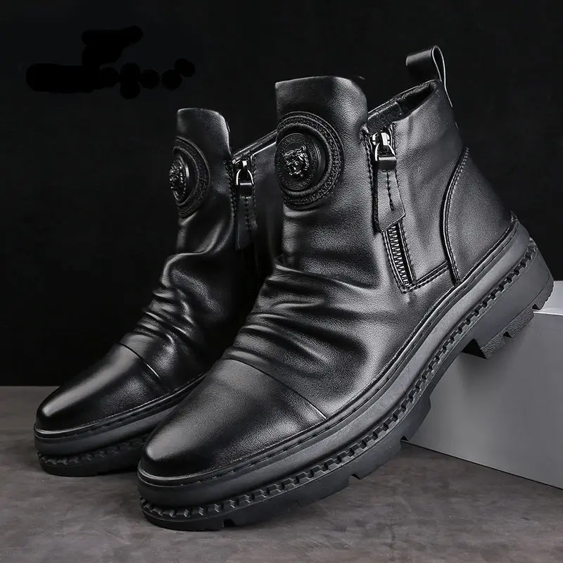 Spring and Autumn New Men's Boots Height Increasing British Fleece-Lined Leather Boots Casual High-Top Shoes Side Zipper Fashion Boots
