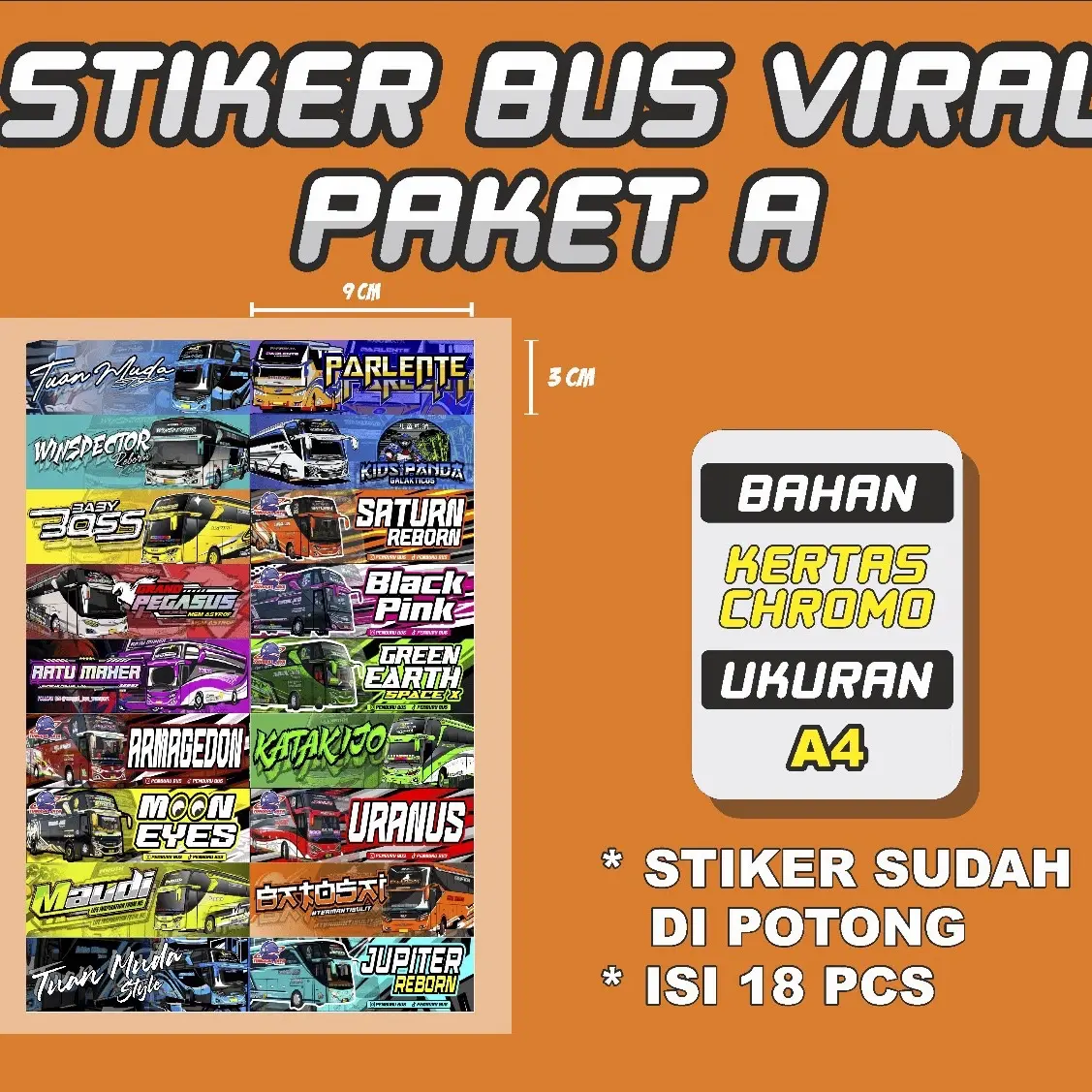 Sticker Bus Original mengkilap , isi 18pcs, Sticker Bus Virall, Sticker bus Panjang