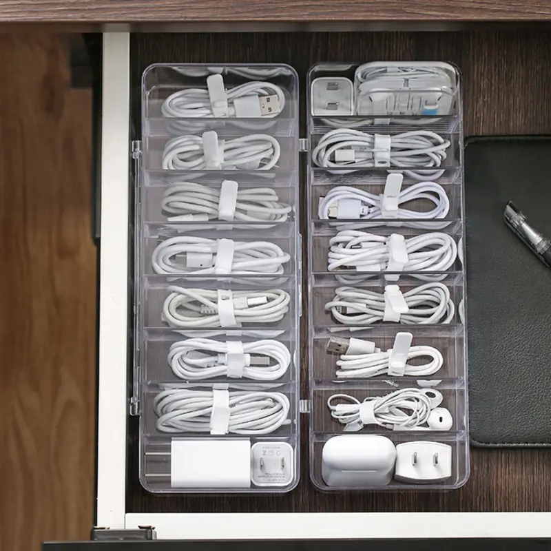 8 Grids Clear Plastic Cable Storage Box Data Cable Storage Container Save Space Cable Management Box for Storing Earrings Rings and Data Cables 4