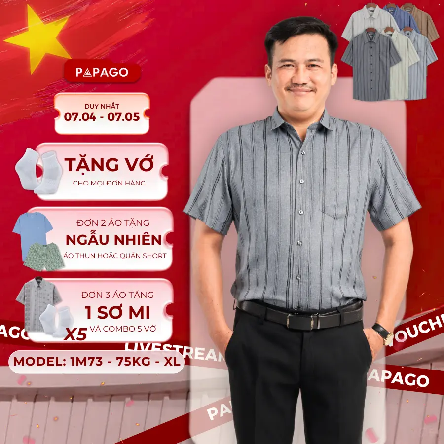 Áo sơ mi nam trung niên PAPAGO tay ngắn vải xô đũi mềm mịn cao cấp kẻ sọc - P23SNKD001