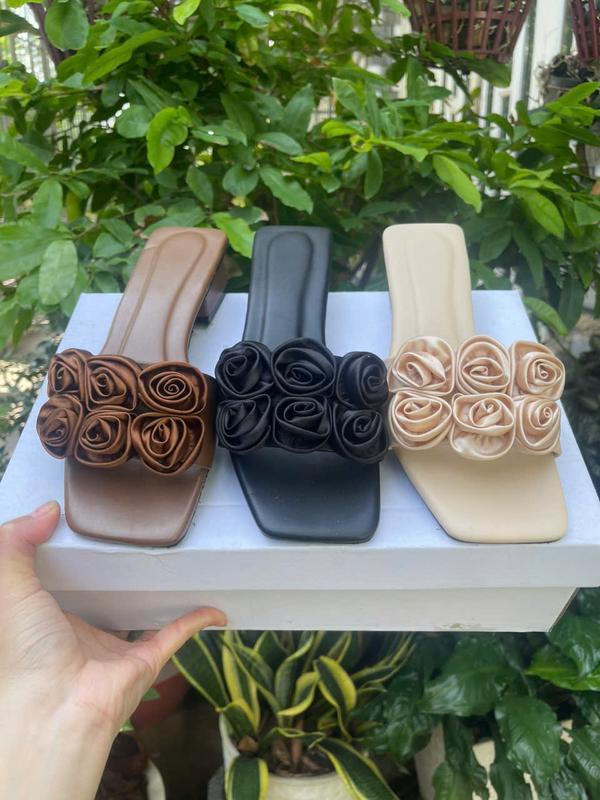 (6 HOA)Dép gót 3 phân quai ngang phối hoa da mờ thời trang ( đi đúng size,chân thon gầy lùi size) Nữ Shoes GiàY Women DéP Nhung-HOA