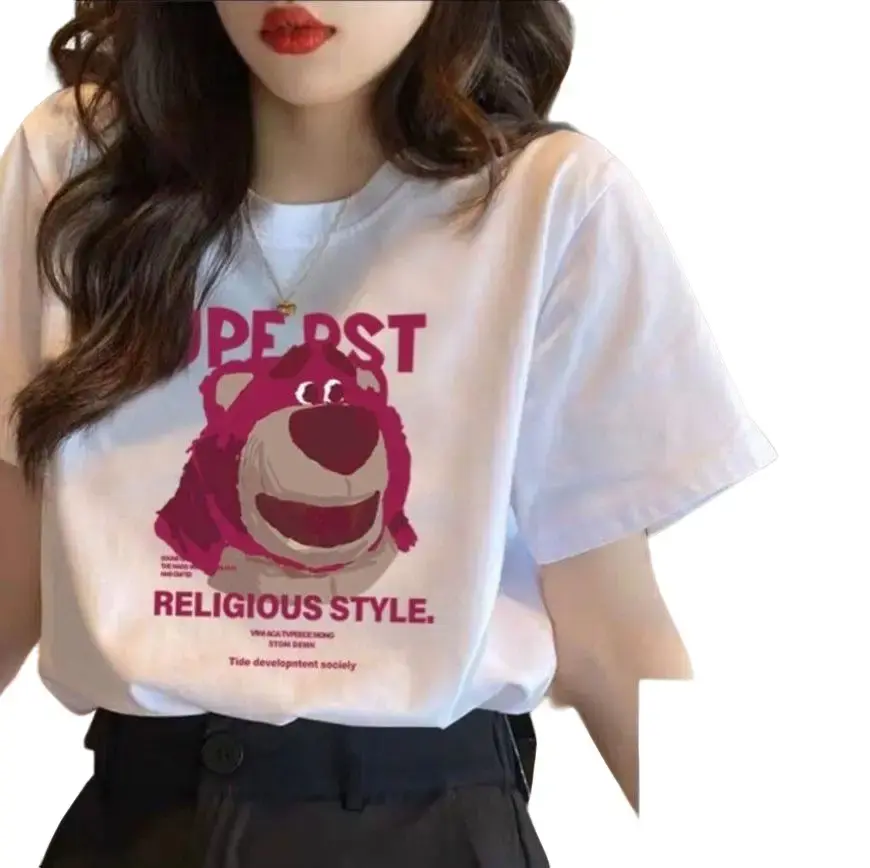 Áo thun tay ngắn in gấu hồng T071 Top Cổ Tròn Top Nữ Women