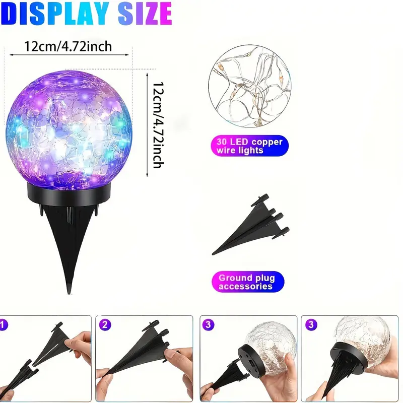 Solar Powered Ball Shaped Light, Outdoor Cracked Glass Ball Light, Lawn & Backyard Decoration Light, Outdoor Garden Light for Garden Patio Yard Lawn Decor 6