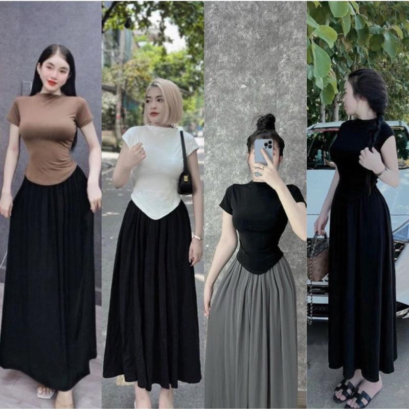 [Dưới 55kg] Set áo thun tay ngắn cổ lọ vạt bầu chân váy dài xếp ly lưng chun