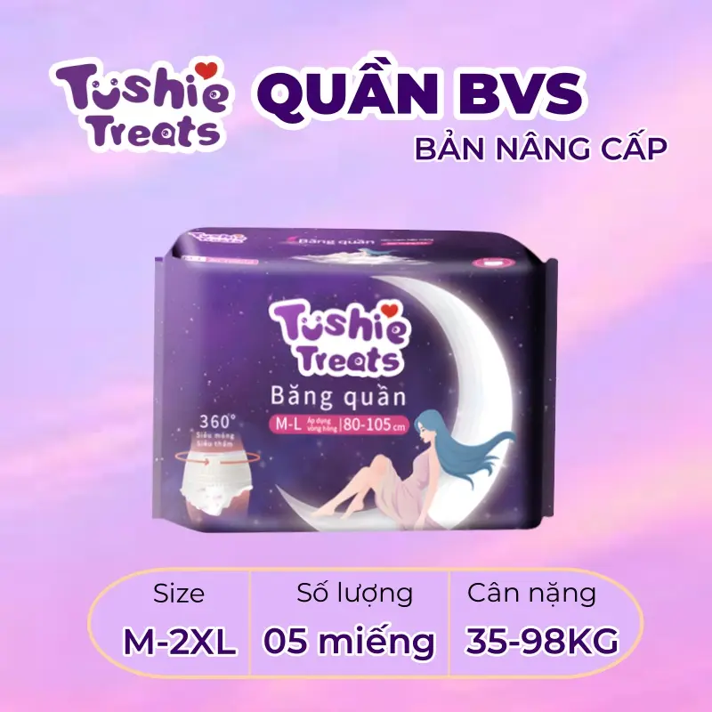 Tushie Treats- Quần băng vệ sinh bản nâng cấp siêu mềm, siêu thấm, BVS dạng quần đủ size M-2XL (tương đương 35-98KG)