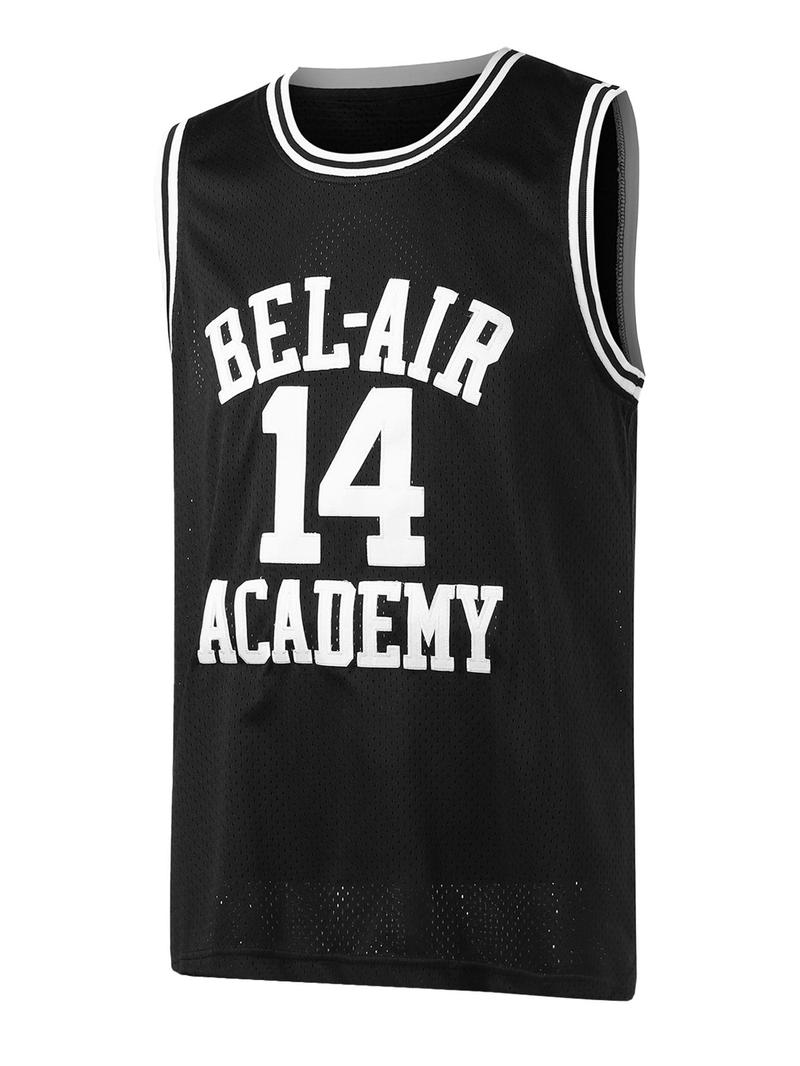 Product Introduction of Plus Size Men's Letter & Figure Patched Contrast Trim Round Neck Basketball Jersey, Loose Casual Comfortable Breathable Sleeveless Sports Top for Competition for All Seasons 1
