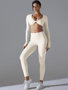 Women's Solid Long Sleeve Crop Top & High Waist Leggings Tracksuit Set, Casual Comfy Breathable Outfits for Yoga Gym Workout Running, Ladies Sportswear for All Seasons