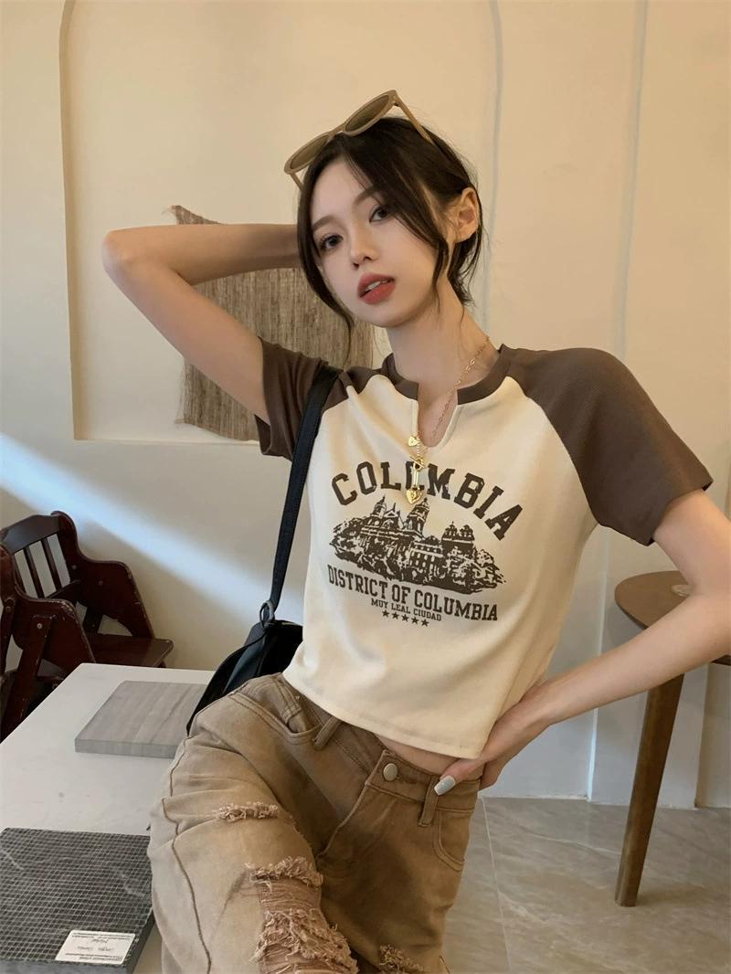 Product Introduction of Trendy V-Neck Short Sleeve T-Shirt for Women Spring Summer 25 Styles Sweet and Spicy American Retro Design Short Student Top Fashion 3